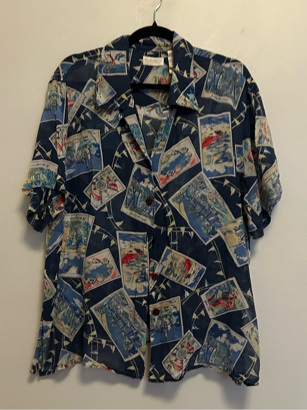 Vintage-Style Navy Graphic Sheer Short-Sleeve Shirt